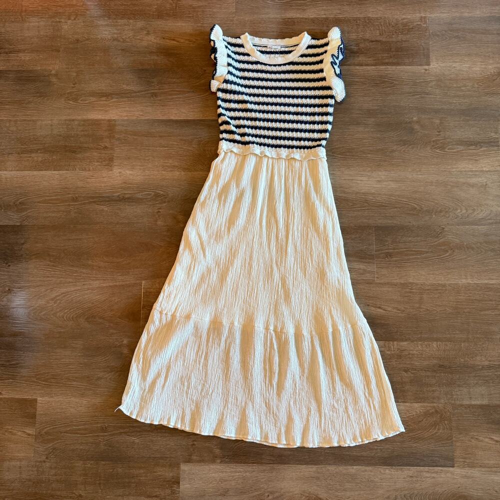By the River Navy Stripe Knit Top Ivory Crinkle Midi Dress Size Large